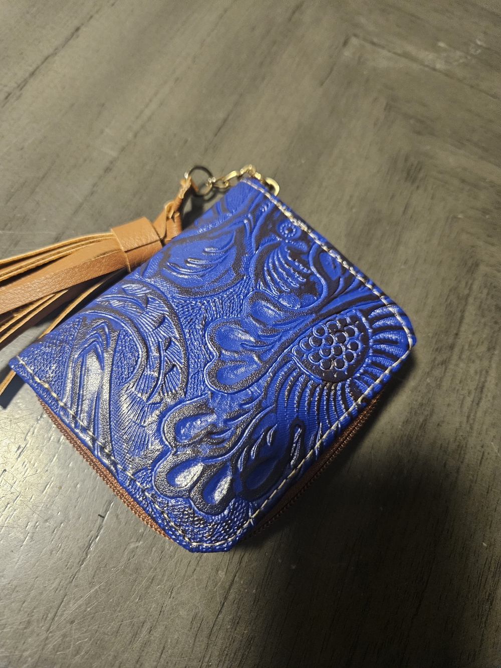 Embossed Blue Leather Zip Wallet with Tassel Accent